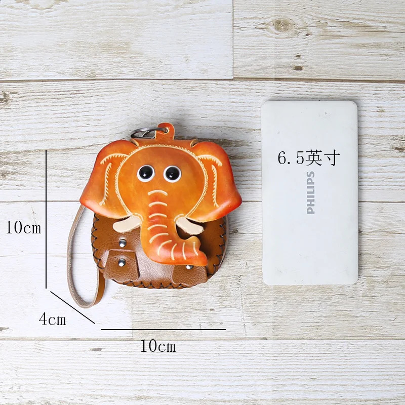Top Layer Cowhide Creative Cartoon Elephant Zero Wallet Car Key Bag Tree Cream Leather Elephant Gift 250228