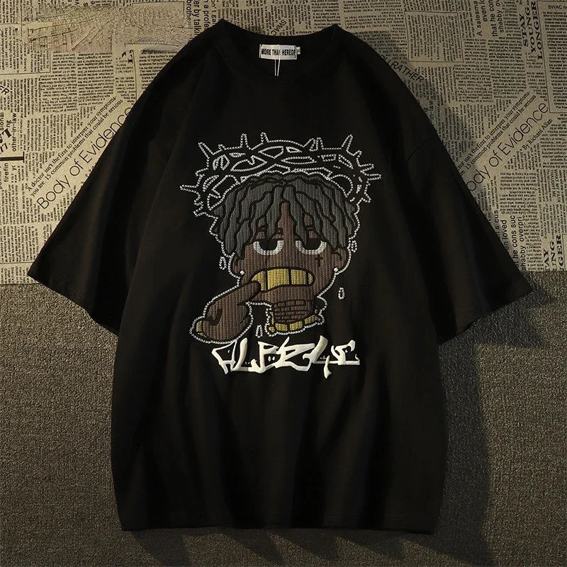 Style Retro Hiphop Pixel Cartoon Short Sleeved Tshirt for Men and Women Ins Summer Loose High Street Couple Top Y2k Gothic 250225