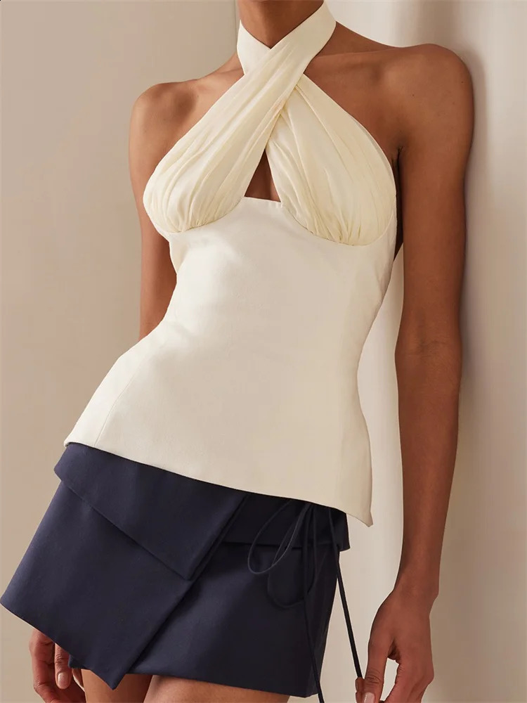 CHRONSTYLE Sexy Women Summer Fashion Tank Tops Solid Color Sleeveless Backless Tie-up Halter Off Shoulder Ruched Vest Streetwear 250226