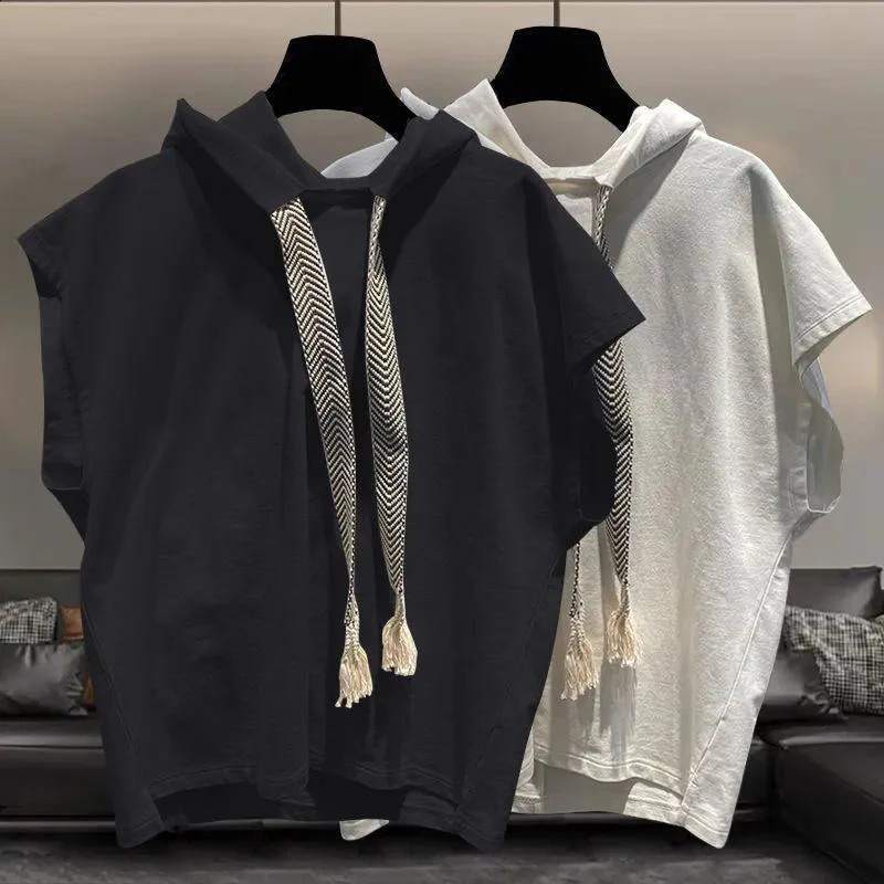Summer Solid Men Drawstring Hooded Tank Top Fashion All-match Punk Casual 2xl Oversized Clothing Vest Tee Black White Street Gym 250225
