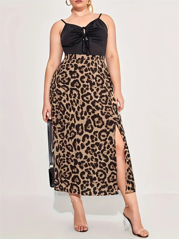Plus Size Summer Leopard Print Skirts Women Split Fashion Sexy High Waist Ladies Skirts Pleated Woman Long Skirts 250224
