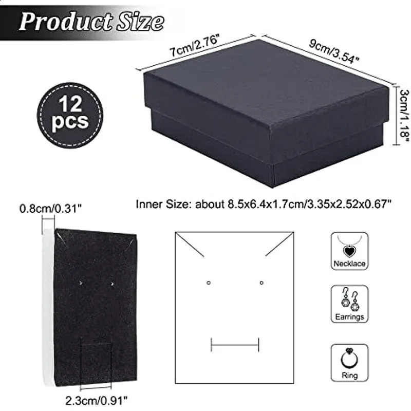 12 Pcs Black Rectangle Jewelry Box 3.5x2.8x1.2 Cardboard Jewelry Boxes with Sponge Inside Kraft Paper Boxes Diy 250222
