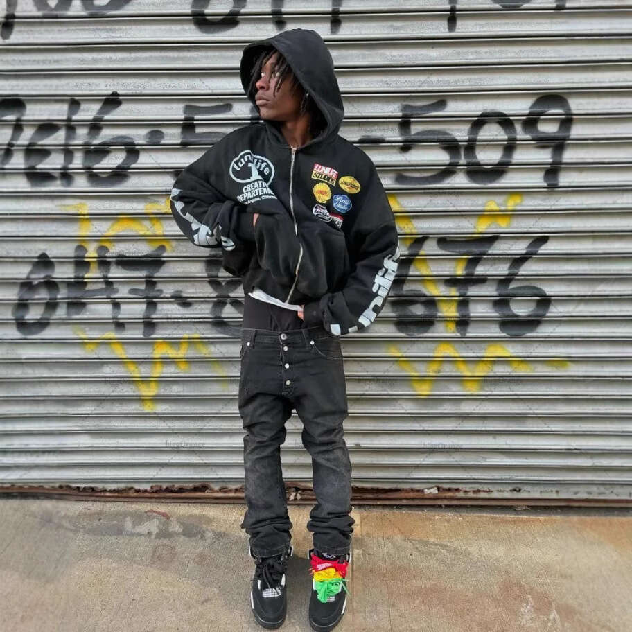 Fashion High Street unisex hooded cardigan sweatshirt, trendy printed letter top gift for man