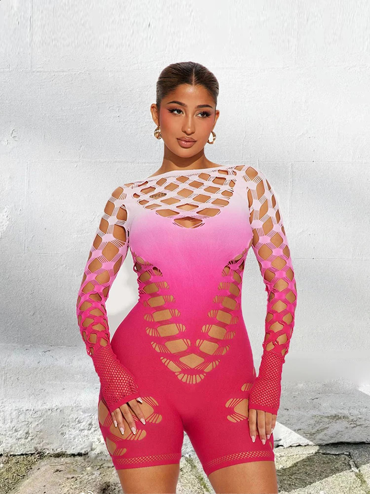 Strange cat hollow gradient color Playsuits womens summer sexy See Through long sleeved girl party clothing tight jumpsuit 250226
