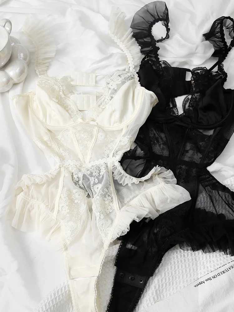 Sexy lace one-piece sling sleepwear French cut pleated strapless lingerie set bra lingerieXJ250301