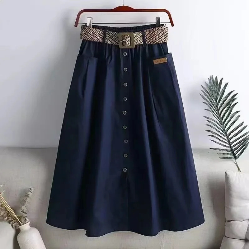 Plus Size Elastic Waist Slimming Medium-Length Umbrella Skirt With Large Pocket Korean Style Side Slit For Plus Size Women 250224
