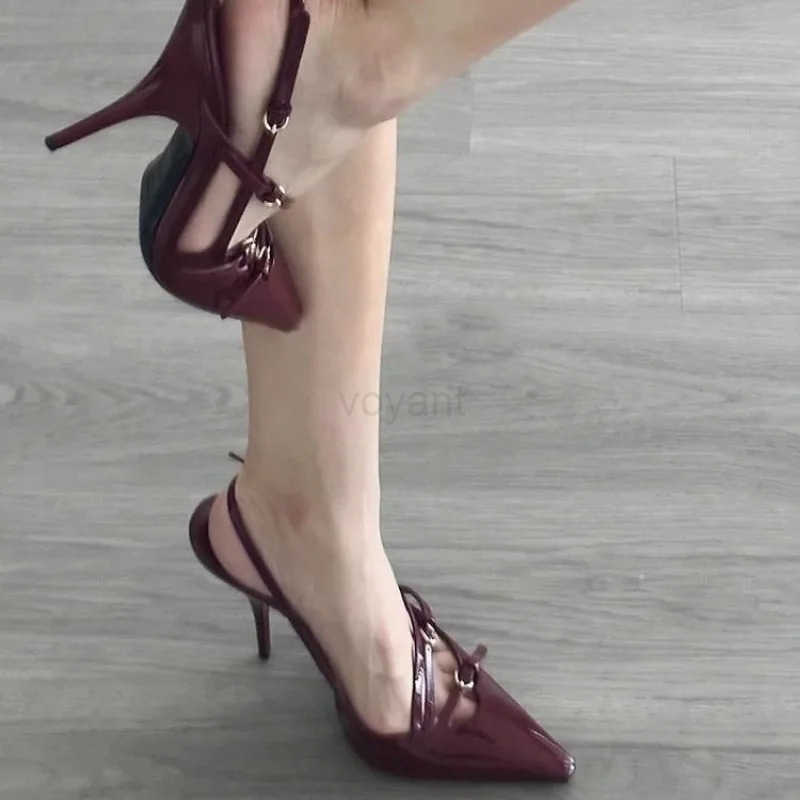 2024 Summer New High H Wens Sexy Hollow Black Silk Pointed One-line Buckle Skinny Heel Sandals Wens Shoes Z250326