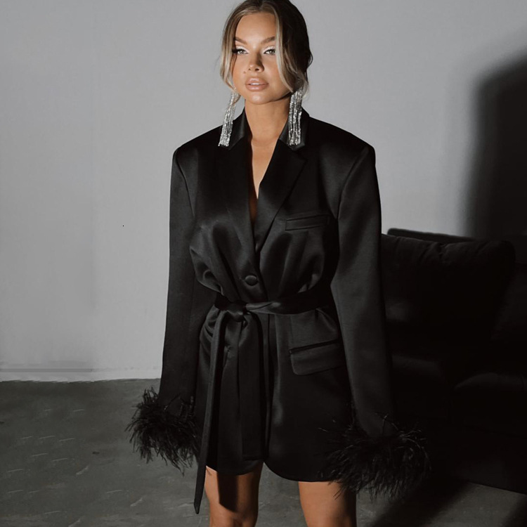 New3 Early Autumn New Fashion And Temperament Suit Collar Ostrich Hair Long Sleeve With Waist Wrapped High Grade A-Line Dress