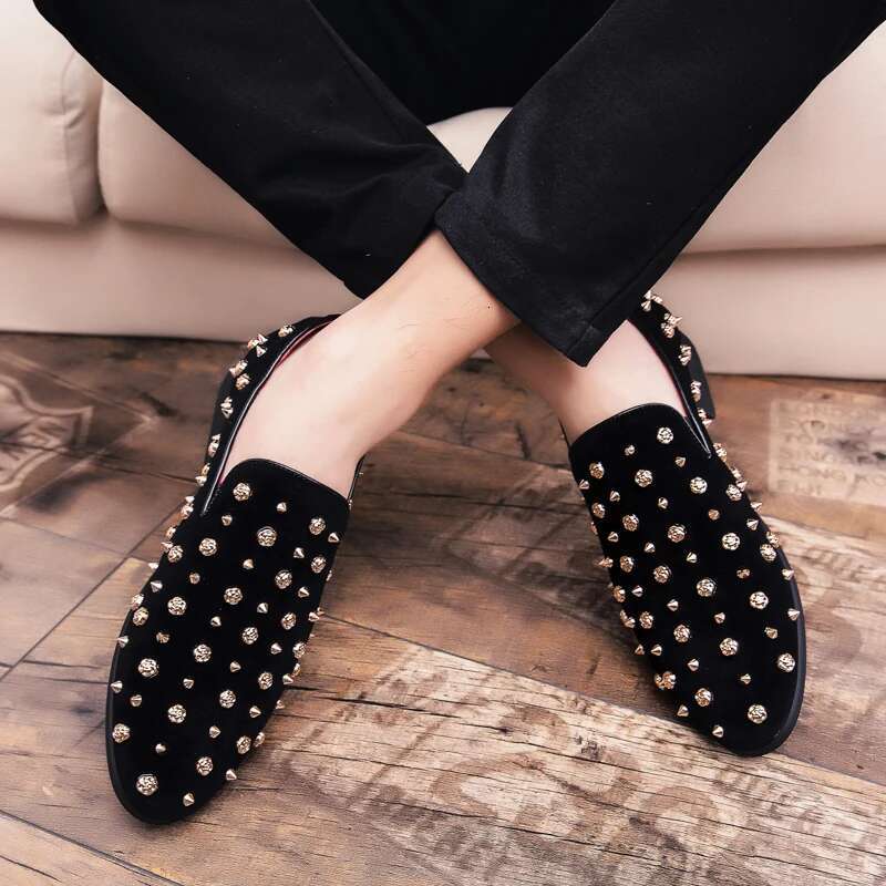 2024 New Brand Black Spikes Mens Loafers Denim And Metal Sequins High Quality Casual Men Wedding Flats Shoes