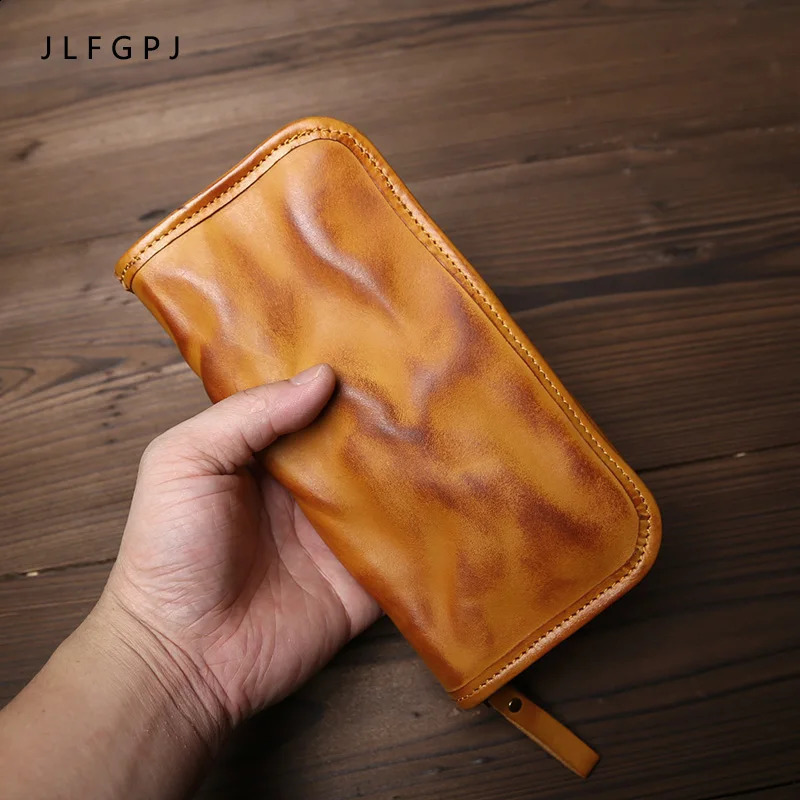 Genuine Leather Long Zipper Wallet Mens Vegetable Tanned Leather Vintage Multi-card Simple Clutch 250228