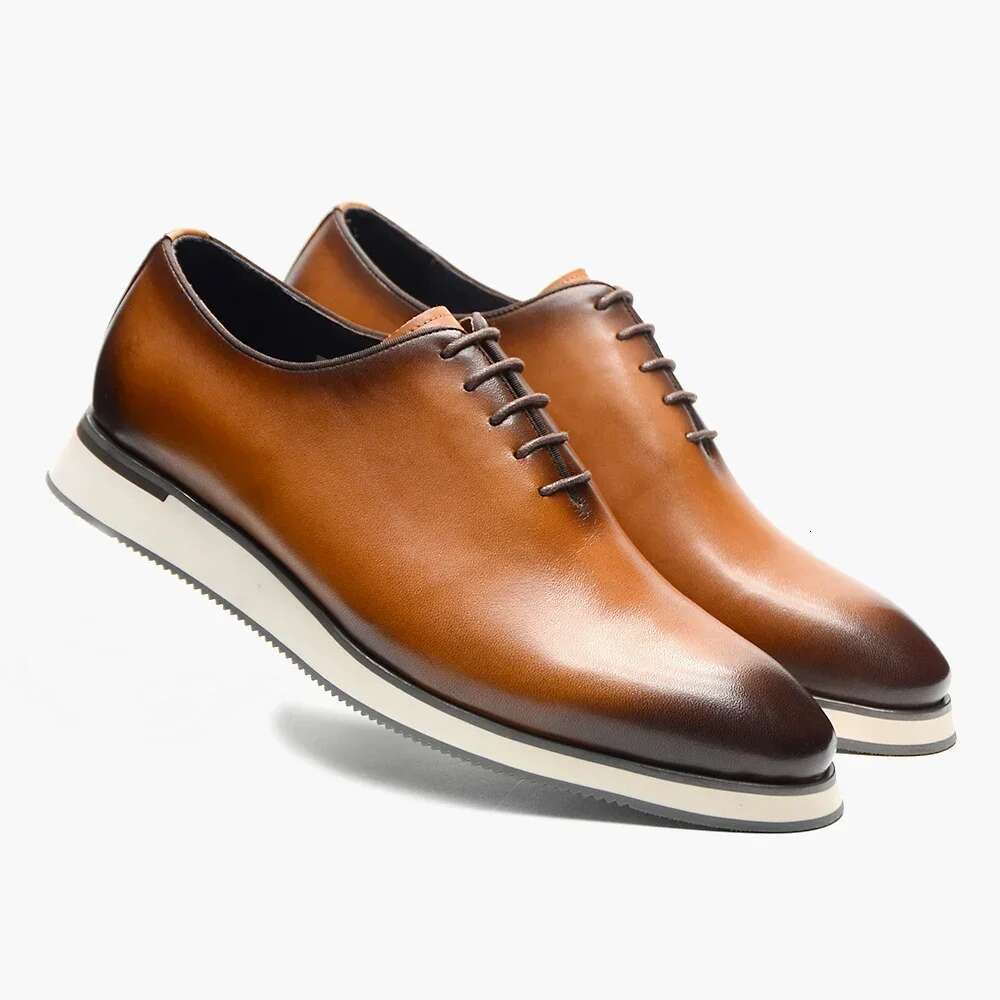 Handmade Genuine Cowhide Leather Casual Oxfords Mens Dress Shoes Whole-Cut Plain Toe Lace-Up Soft Flat Sneakers For Men