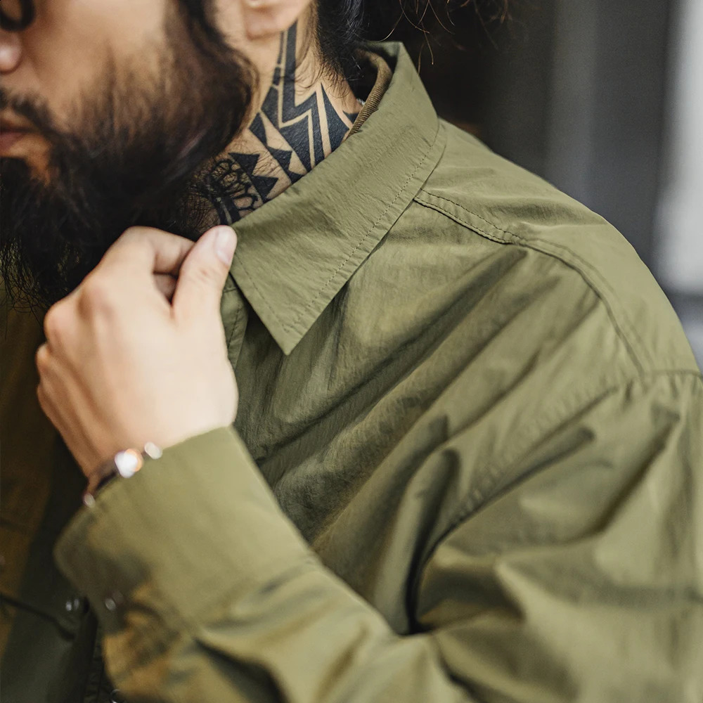 Maden Vintage Wrinkle Outdoor Shirt Casual Loose Green MultiPocket LongSleeve for Mens Spring and Fall Versatile Blouse 250226