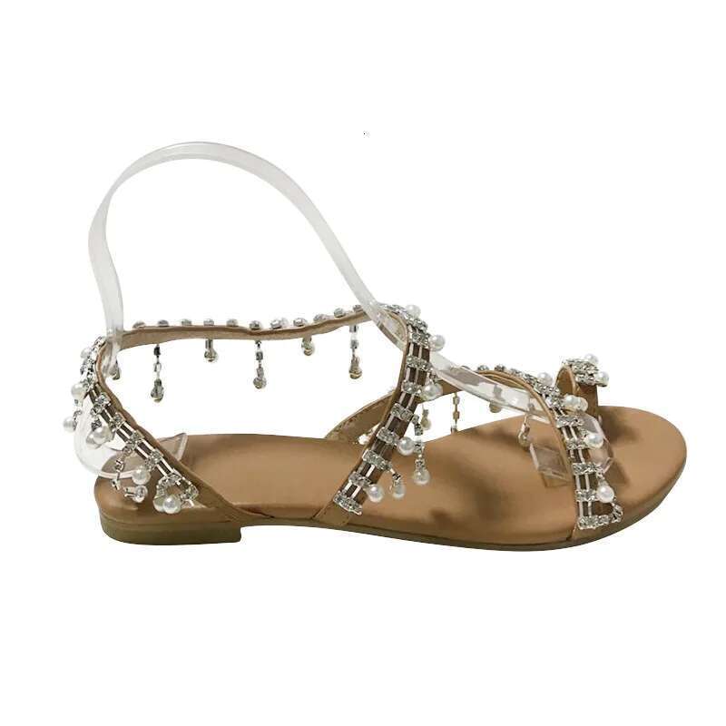 Pair Beach 1 Faux Pearl Tassels Flat Dr Ankle Strap Open Toe Lightweight Women Casual Sandals Shoes
