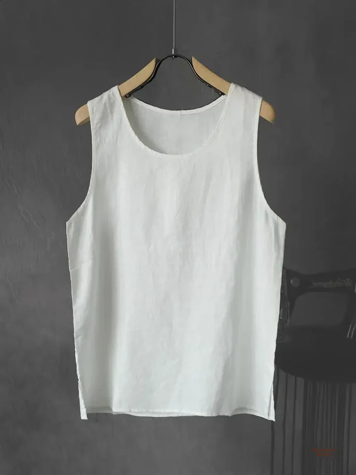 Summer Loose-fit Hemp Vest Tank Top For Men Slim-fit Stylish Solid Color Washable Lightweight Breathable T-shirt 250225