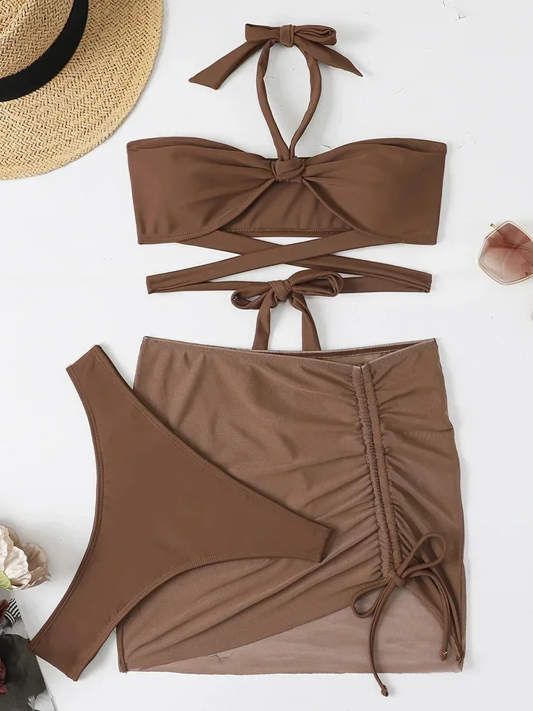 3 PCS Mesh Skirt Halter Wrap Around Bikini Female Swimsuit Women Swimwear Threepieces Set Bathing Suit Swim Beachwear 250227