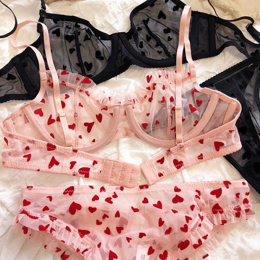 New Lingerie Thongs Set Sexy Ultra Thin Transparent Bra Women Underwire Push Up Bra Set Summer Romantic Peach Heart UnderwearXJ250301