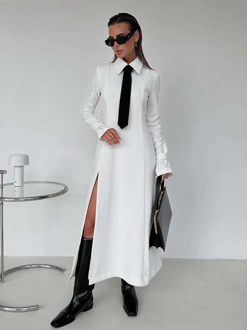 Clacive Fashion Slim White Office Casual Lapel Long Sleeve Ankle Length Dress Elegant Classic Slit Dresses For Women 2024