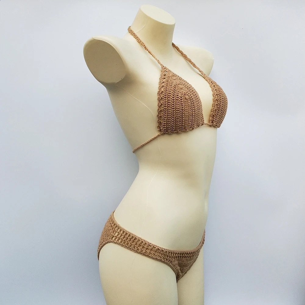 Have Lining Chest Pad Micro Bikini Set Women Crochet Sexy Swimsuit Solid Backless Swimwear Low Waist Bathing Suit Female 250227