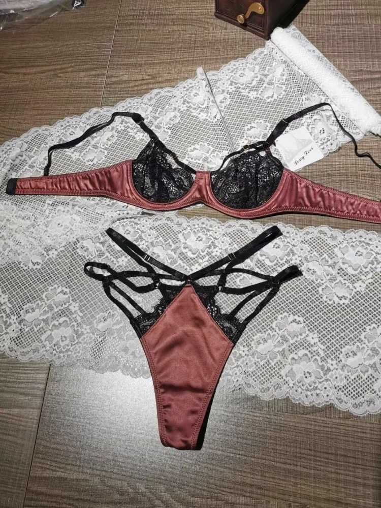 2024 sexy lace satin patchwork bra ultra-thin bra set enlarged size sexy see through T-pants bra see through bra setXJ250301
