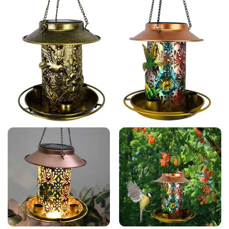 Solar Energy Bird Feeder Waterproof Solar Light Wild Hanging Bronze Metal Tray Solar Lantern for Outdoors Garden Tree DecorationC250301