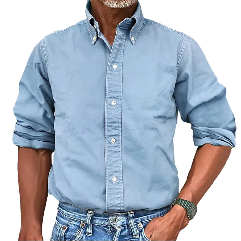 Mens Soild Oxford Long Sleeve Tee Shirt Youth Leisure Slim Fit Korean Fashion Blouse Elegant Shirts For Men Clothing 250225