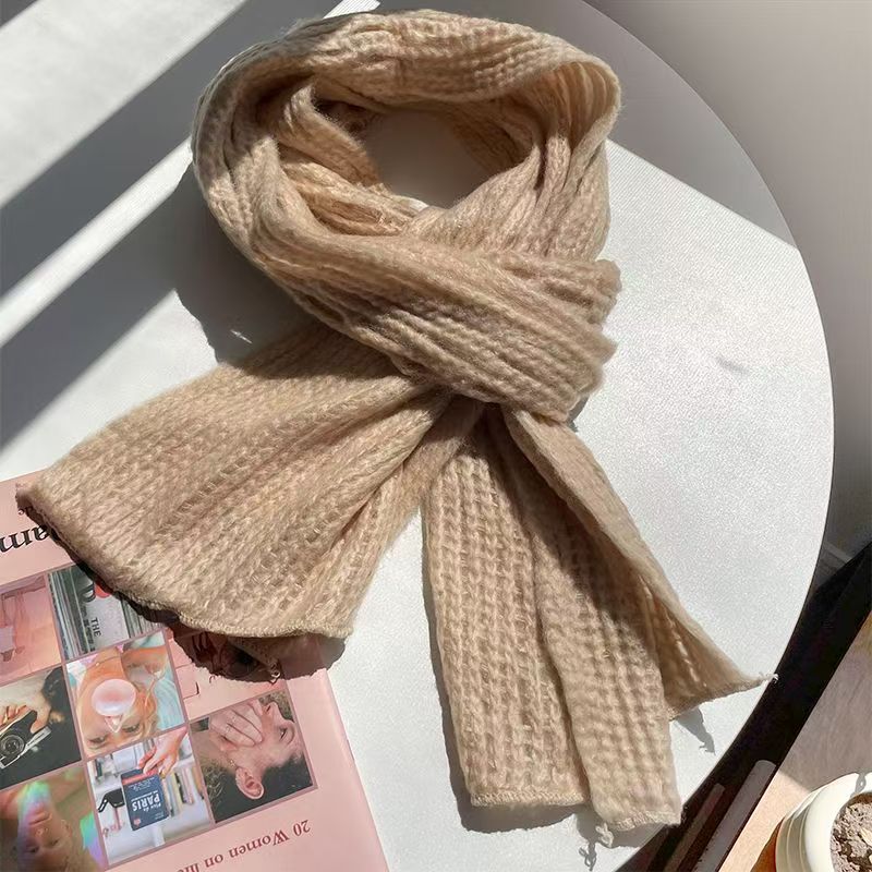 T203 long yellow hollow wool scarf female Korean version all-match warm fashion solid color neck scarf autumn and winter