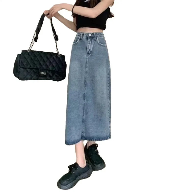 Plus Size Summer Trendy Korean Style Vintage Pocket Fringe n Sensibility Side Slit Denim Skirt For Women Mid Le... 250224