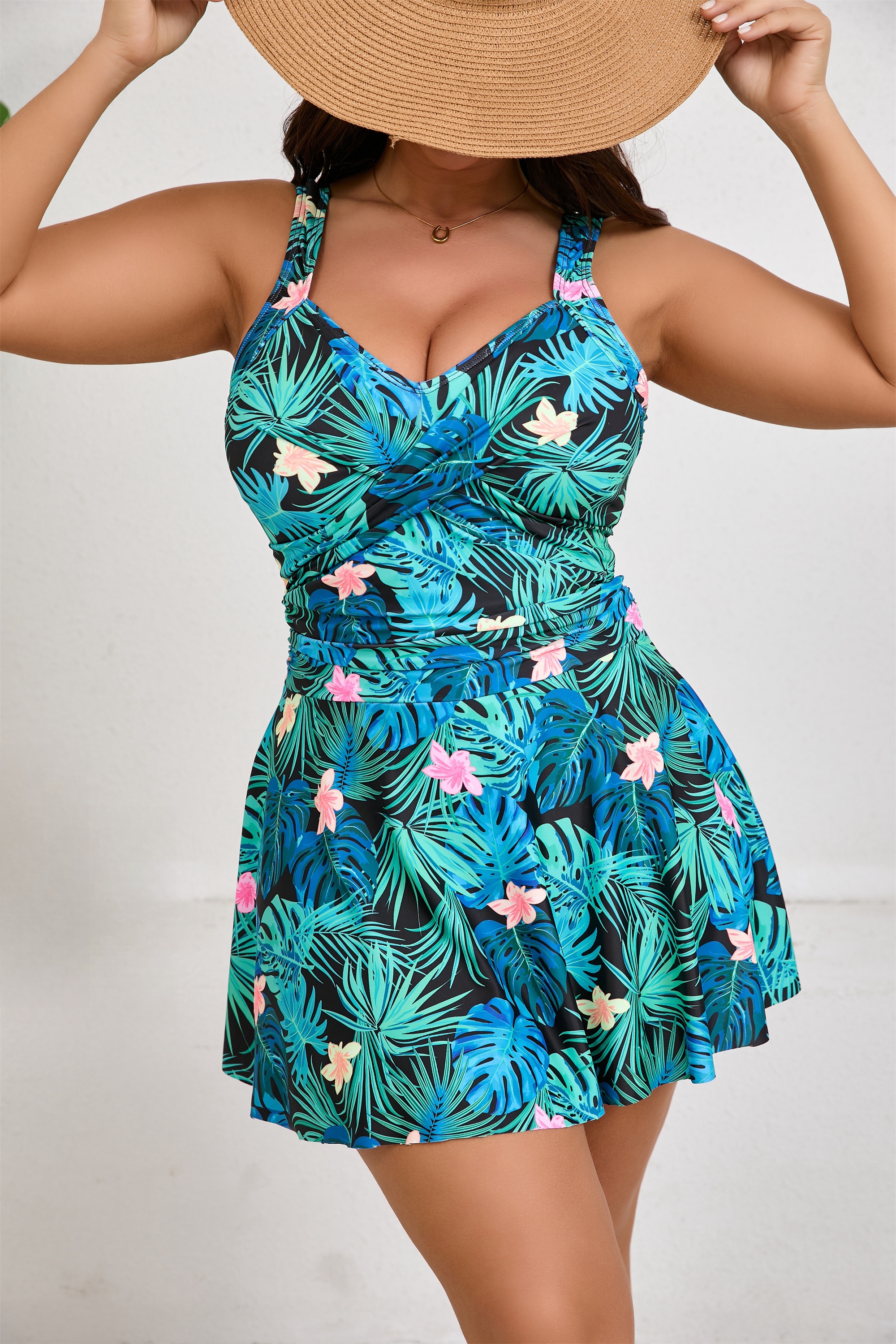 Ladies' Printed V-Neck Twisted Front Cross Swimsuit, One-Piece Skirt-Style Tummy Control with Pleats And Built-In Shorts