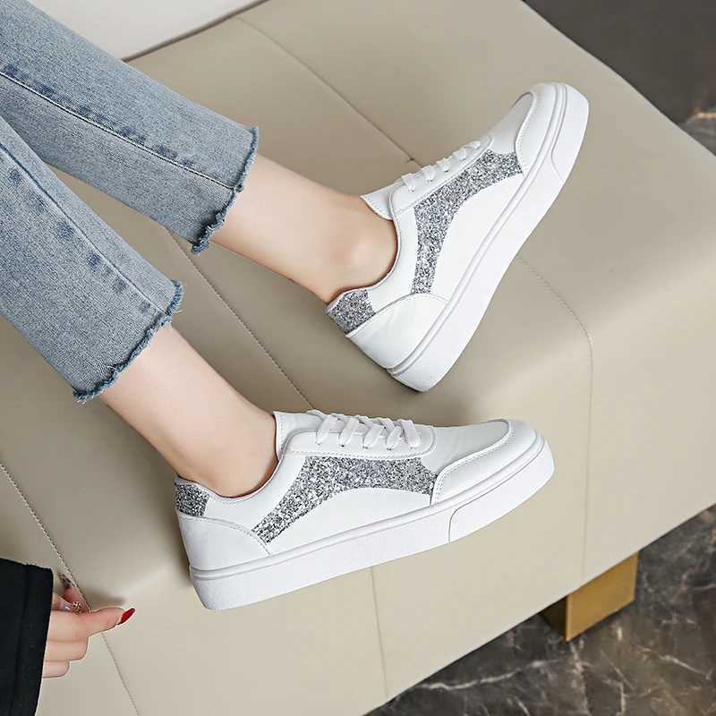 Womens casual sports shoes with sequin decoration for autumn 2025 new market outdoor lace casual vulcanized shoesXJ250301