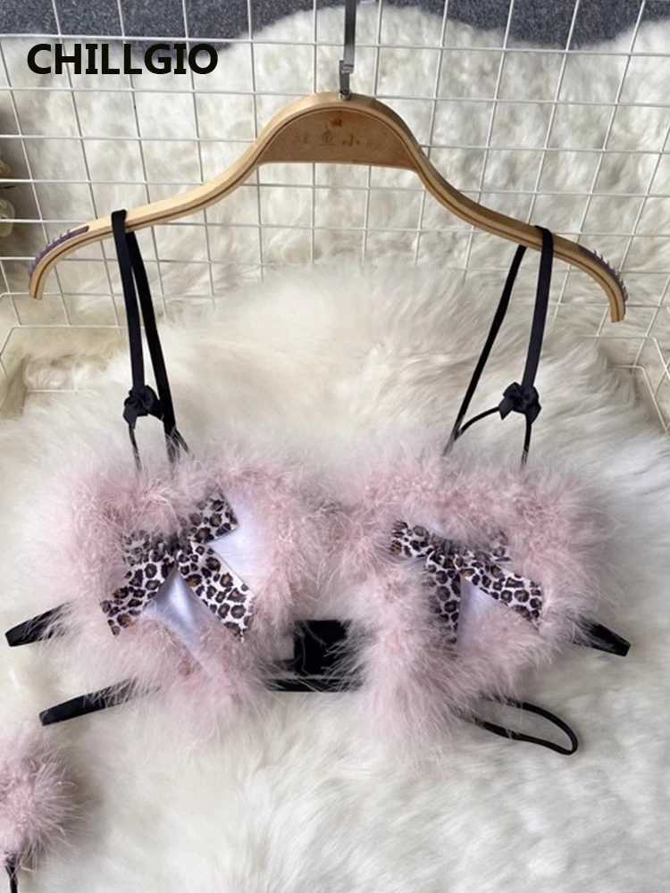 CHILLGIO Women Leopard Print Fur Bra Brief Suits Fashion Sleepwear Erotic Intimate Underwear Hotsweet Sexy Lingerie 4 Pieces SetXJ250301