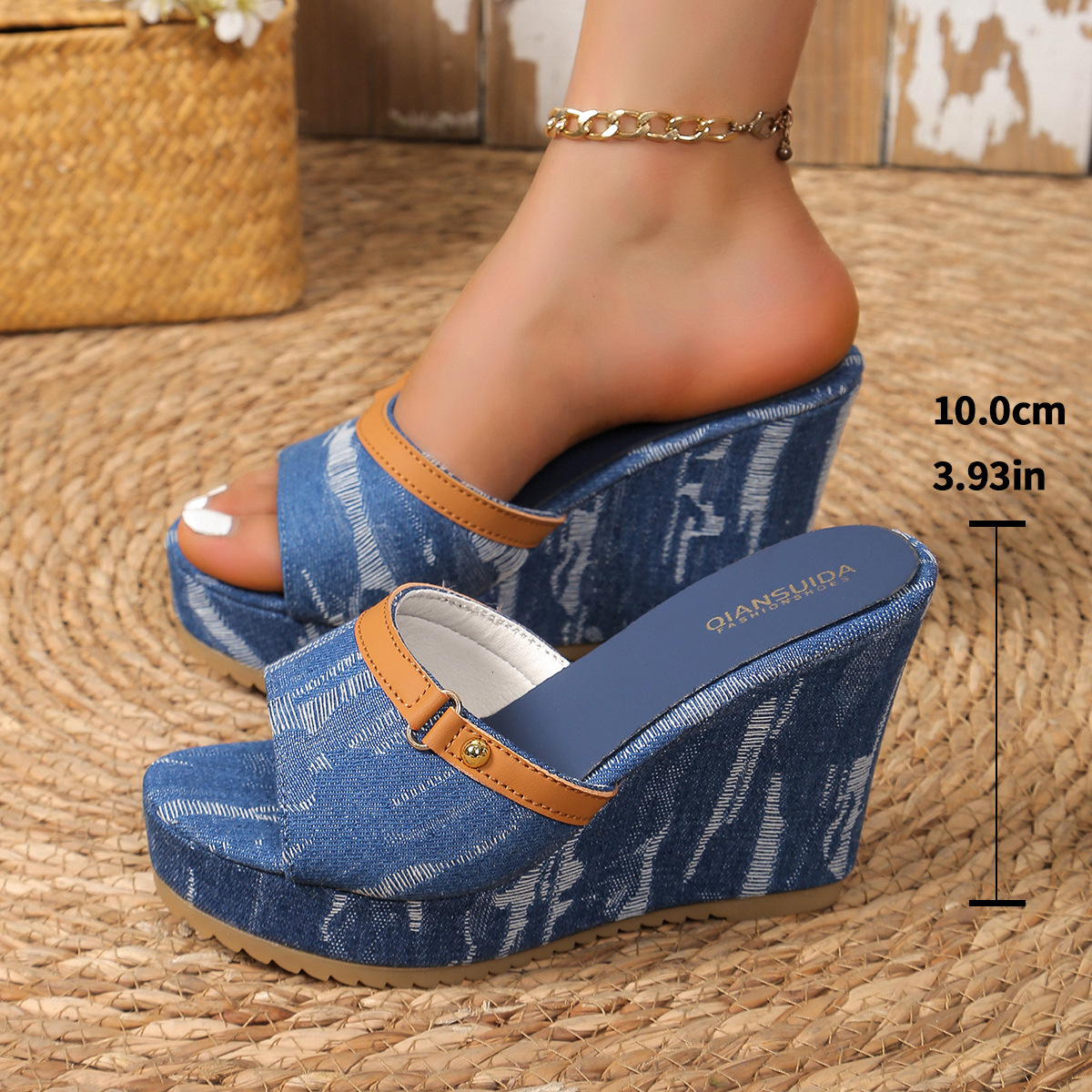 2025 Summer New Girl's Big Slope Cowboy Slippers Height Increasing Casual Beach Shoes Women's One Word Round Head Outer Sandals Large Size