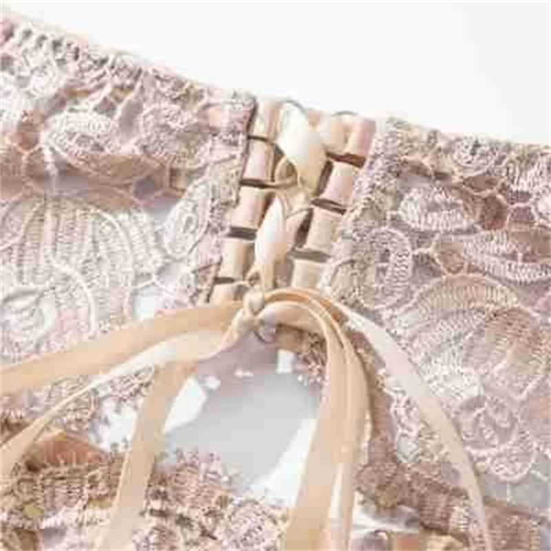 Aduloty Women Sexy Underwear Exquisite Embroidery Lace Satin Splice Thin Bra Seduction Erotic Lingerie Lace Up Three Piece SetXJ250301