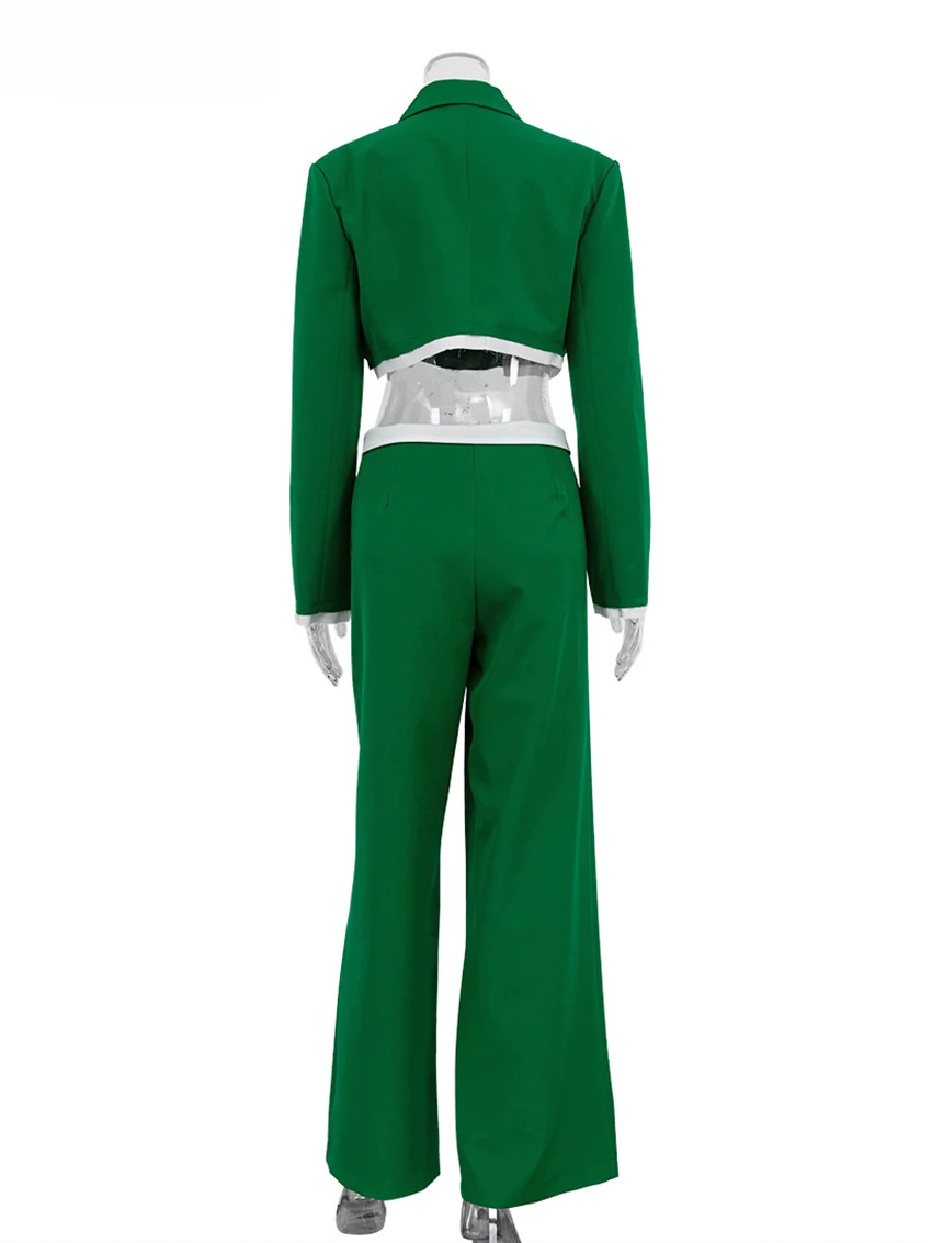 Sexy Loose Green 2 Piece Sets Women Outfit Fashion Long Sleeve Crop Shirt With Low Waist Wide Leg Pants Set Streetwear
