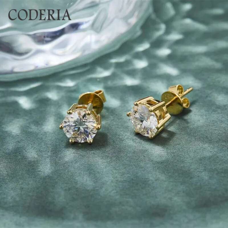 Certified Moissanite 14K Yellow Gold Stud Sterg Sier 1-2 CT Wedding 6 Prongs Dia Earrings Classic Jewelry