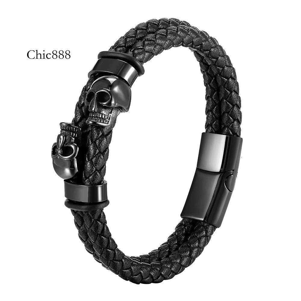 Trendy New Style Bangle Stainless Steel Magnetic Clasp Skull Head Black Braided Genuine Leather Charms Male Mens Bracelet