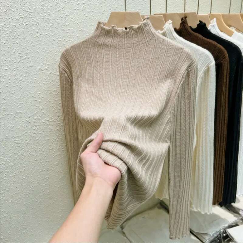 Autumn Winter Chic Ruched Sweaters Women Fashion Turtleneck Pullover Slim Long Sleeve Knitted Jumpers Soft Warm Pull Femme Top