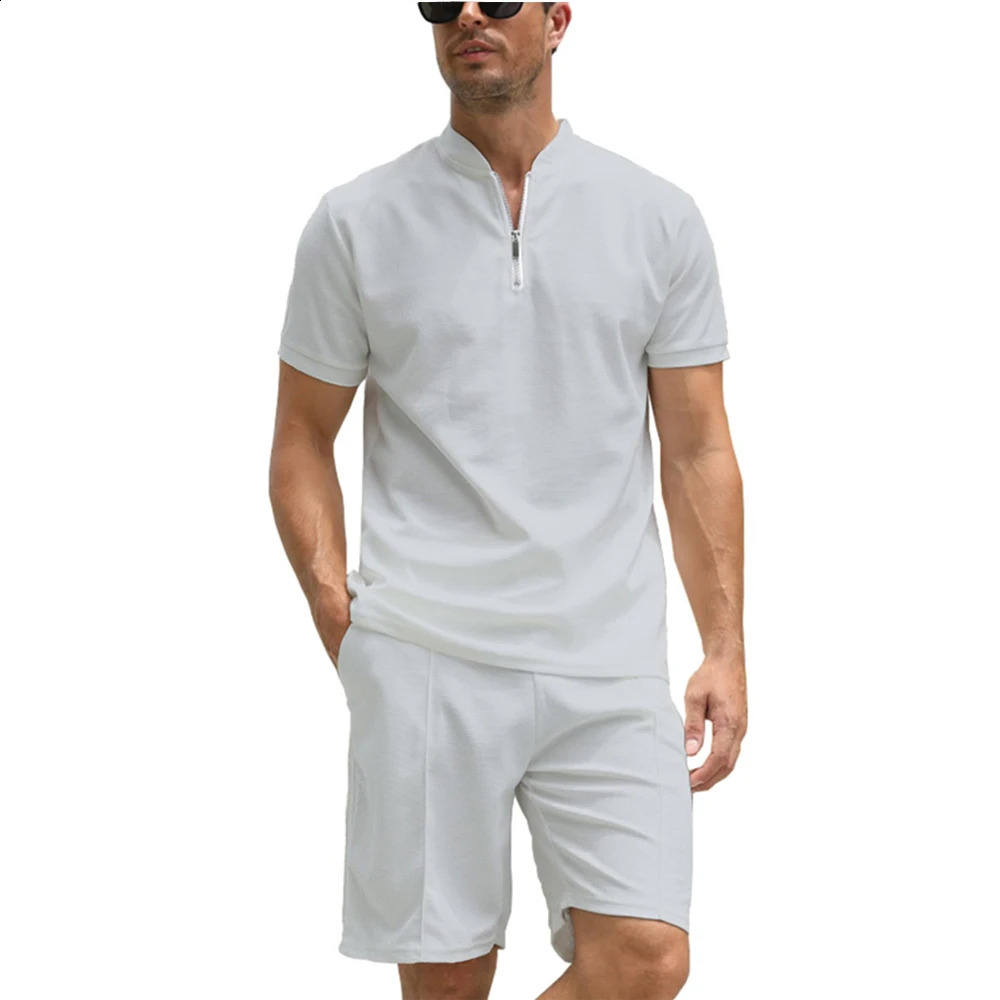 Tracksuit Men Waffle Fabric Polo Suit Zip Control Short Sleeve Two-Piece Set Loose Breathable Outdoor Sports Wear 250225