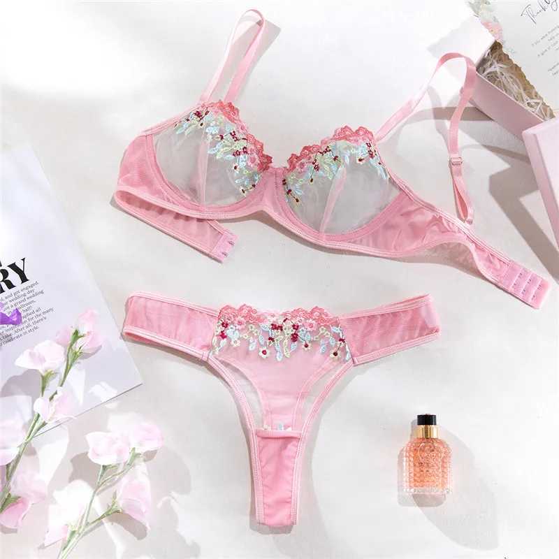 Sexy bra set seamless romantic lingerie embroidered with ultra-thin pink lingerie thong lace mesh sexy exotic suitXJ250301