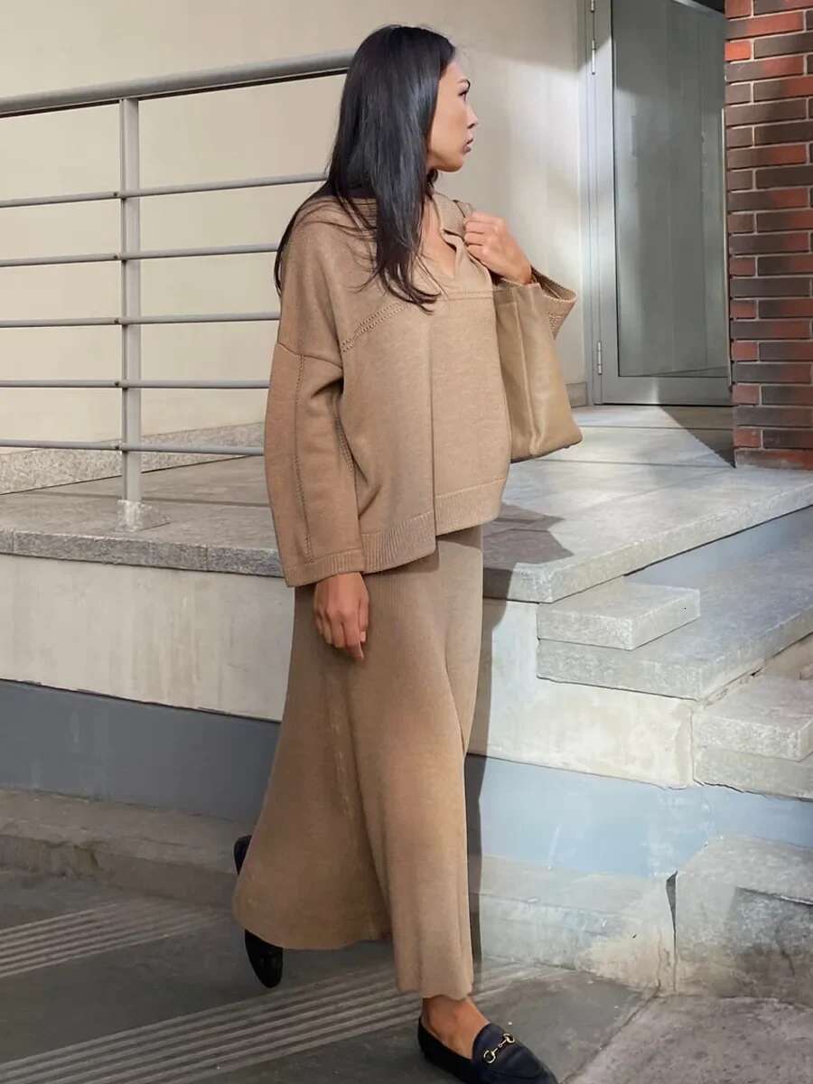 Autumn Winter Women V-Neck Sweater Skirt Fashion Solid Basic Pullover Top Warm Loose Knitted 2-Piece Set