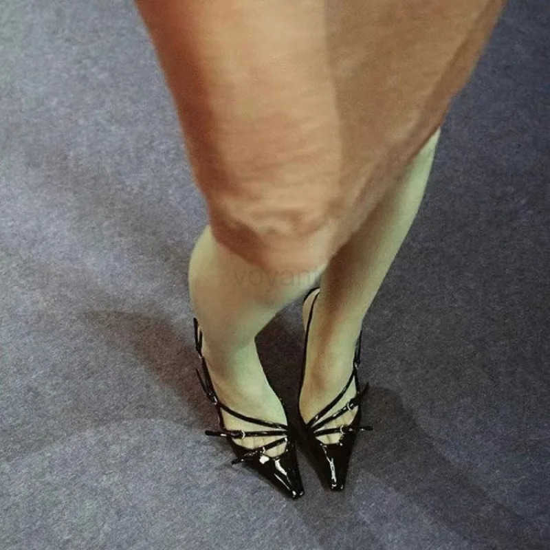 2024 Summer New High H Wens Sexy Hollow Black Silk Pointed One-line Buckle Skinny Heel Sandals Wens Shoes Z250326