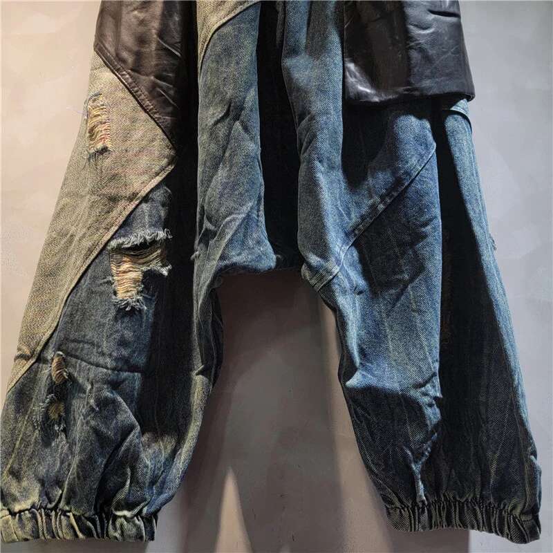 DEAT Women's Fashion Patchwork Elastic Waist Pocket Jeans Loose High Street Denim Trousers Female Trend 2024 Winter New 11A01760