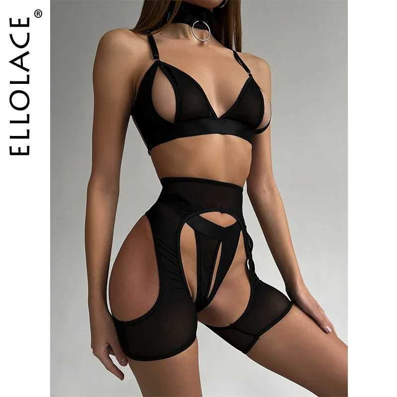 Ellolace Sensual Lingerie Open Bra Exotic Sets 4-Piece Sissy Crotchless Tulle Underwear Erotic Pron Fast Sets Fantasy OutfitsXJ250301