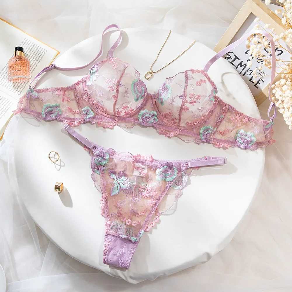 Womens Sweet Transparent Bra Set Sexy Lace Single Layer Thin Embroidery Lingerie Soft Steel Ring Gathering Perspective UnderwearXJ250301
