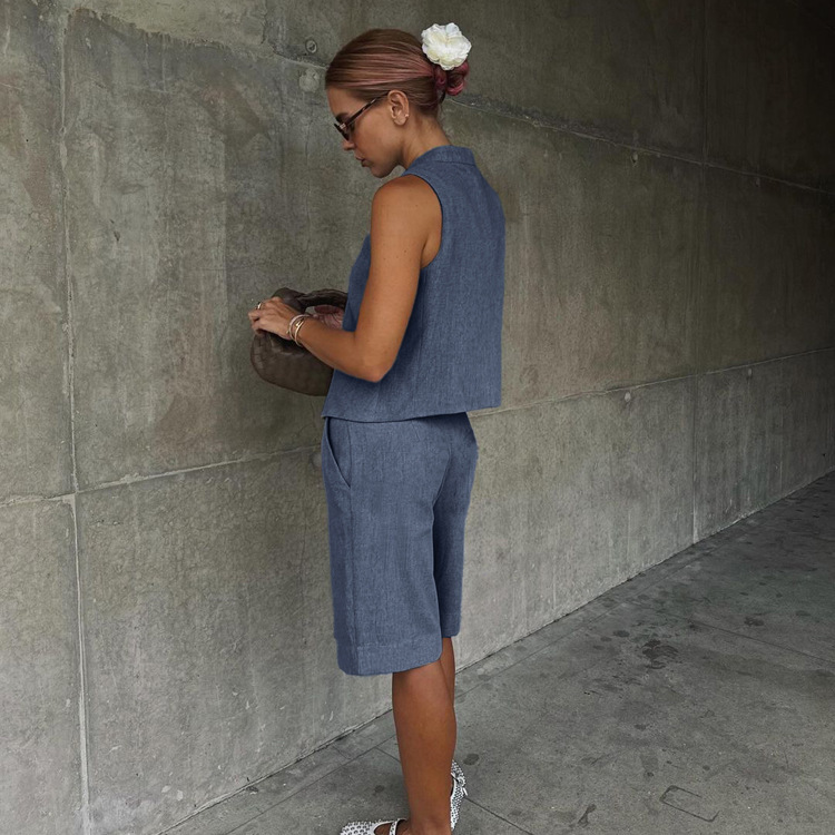 Fashionable Versatile Women's Two-Piece Summer Collection, Unisex And Minimalist Style, Blue Sleeveless Vest Suit