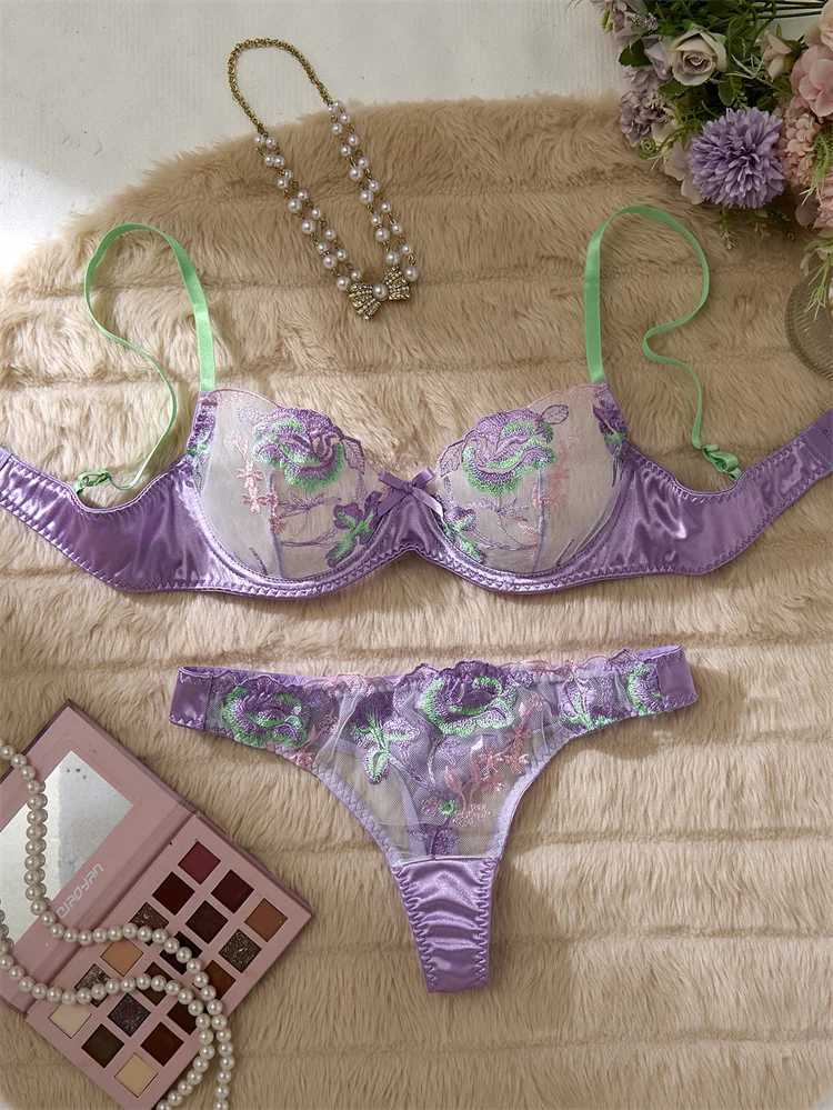 Womens Lingerie Purple Embroidery Lace Underwear Sexy Girl Bra Set See Through Lingerie Fancy Mesh Underwear Lingerie Ultra SexyXJ250301