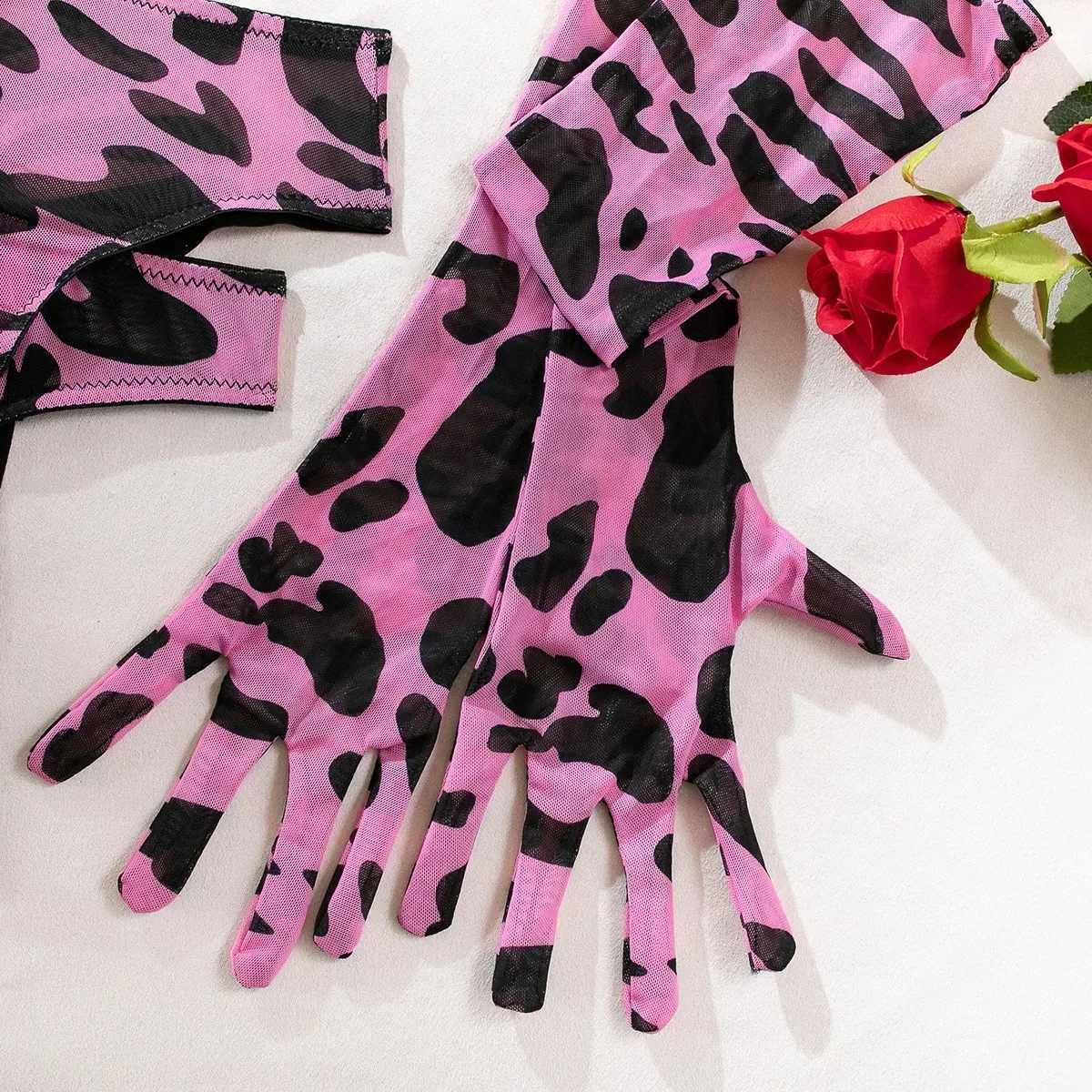 Sexy Pink Leopard Printed Bra Gloves Leg Socks Lingerie Set Womens Perspective Comfortable Mesh Exotic Apparel Underwear SuitXJ250301