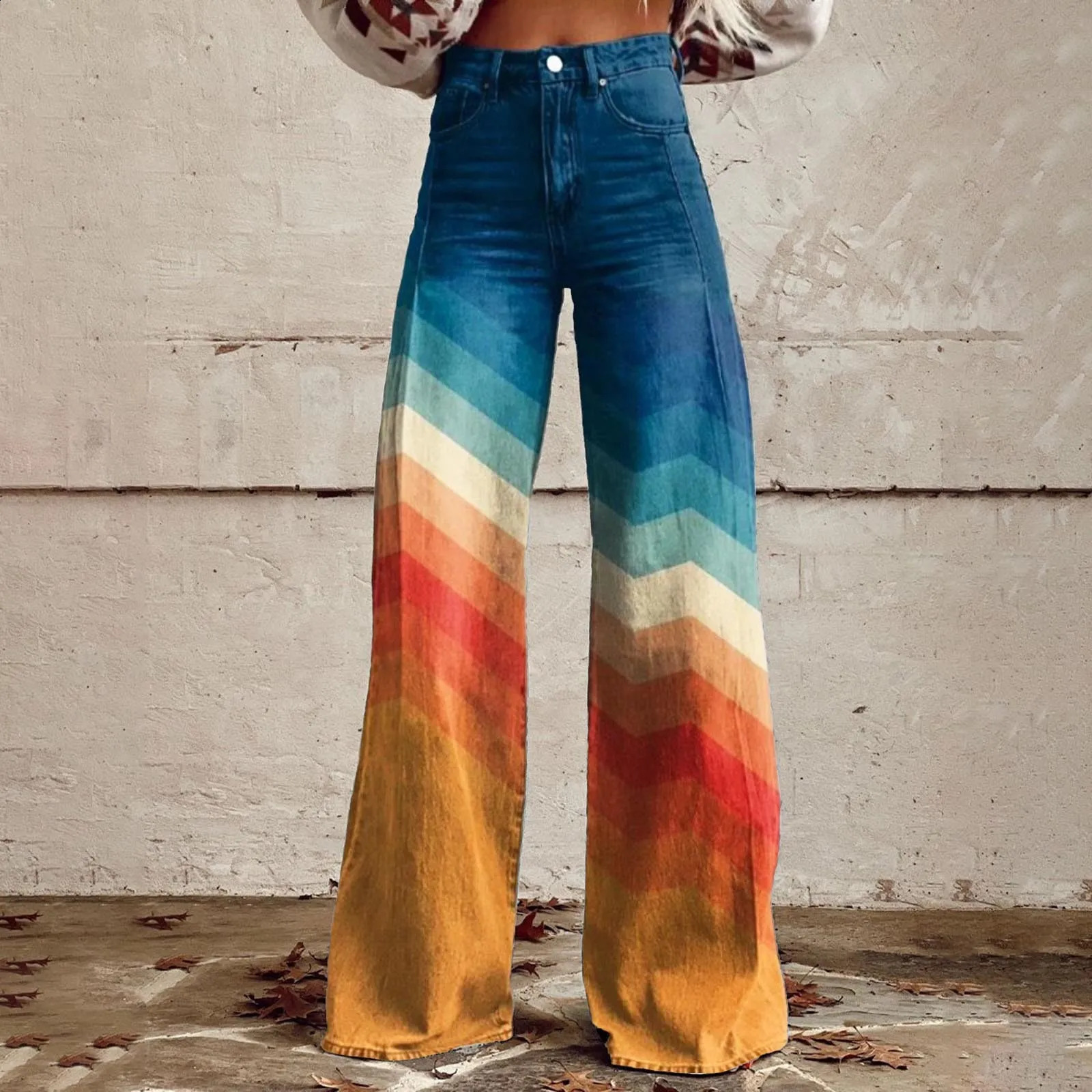Vintage Fashion High Waisted Wide Leg Jeans Casual 90s Floral Printed Denim Pants Women Loose Fit Pockets Baggy Trousers 250228