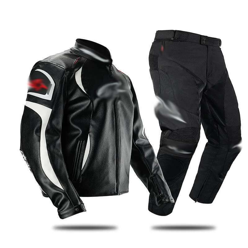 Waterproof and fall-proof leather jacket and trousers set, all-season motorcycle clothing, windshield and rain-proof, waterproof racing
