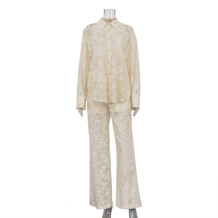 New3 Women's Elegant And Advanced Autumn Printing Sunscreen Long Sleeve Shirt Wide Leg Pants Set Two Pieces