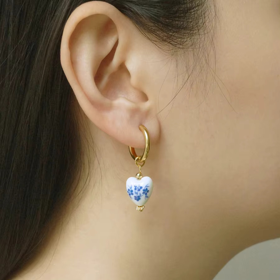 Women's Vintage 3D Hand Painted Blue and White Ceramic Bead Pendant Earrings Stainless Steel Ring Ear Hoops